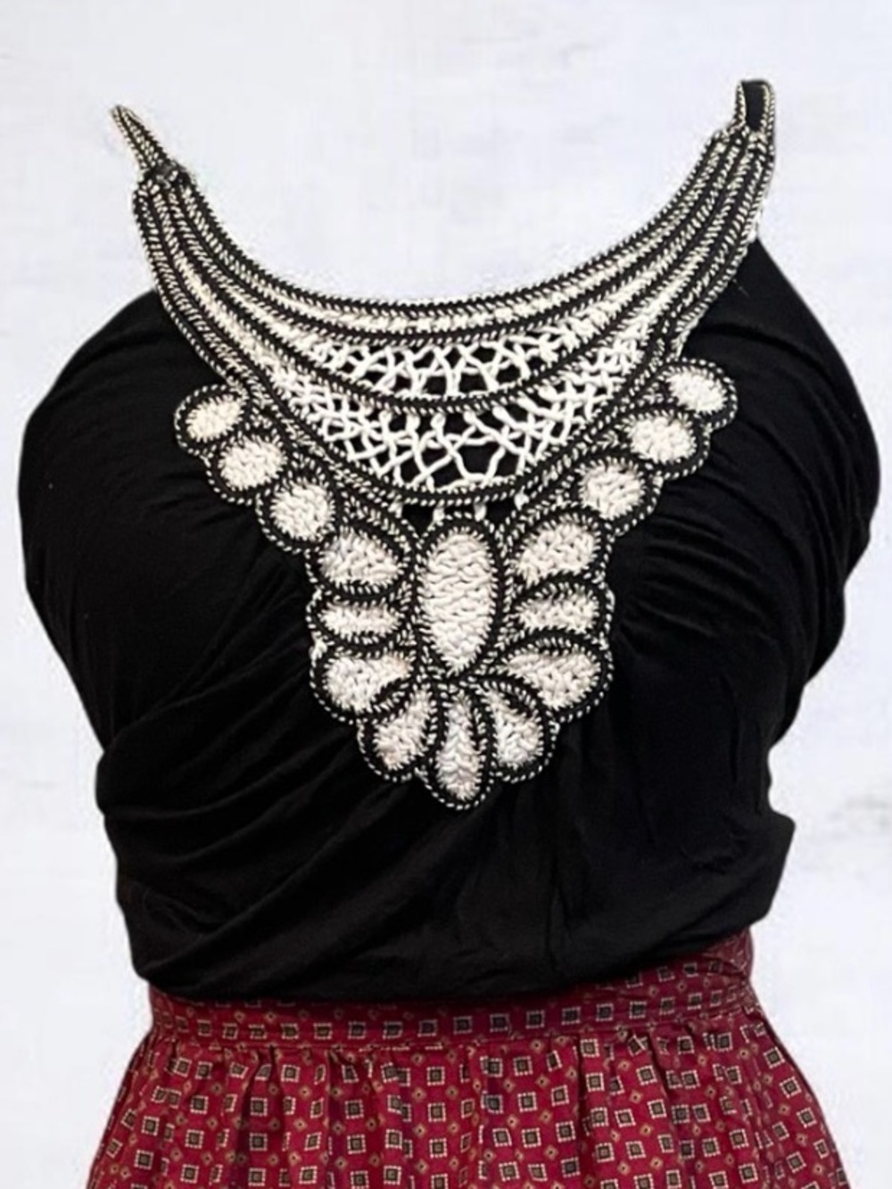 Black Tank Top with White and Gold Crochet Bib Detail